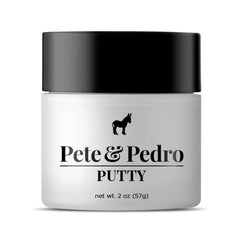 Pete & Pedro Hair Putty bottle pour demonstrates strong hold.