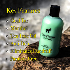 Pete & Pedro CONTROL coal tar-tea tree-menthol formula close-up highlighting ingredients for scalp comfort.
