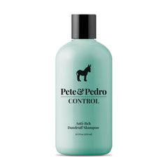 Pete & Pedro CONTROL dandruff shampoo bottle showing a refreshing cleanse that reduces flakes and itching.