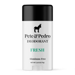 Pete & Pedro FRESH natural deodorant bottle shows aluminum-free protection for daily use.