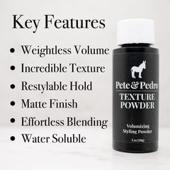 Pete & Pedro Texture Powder being dispensed shows root lift for voluminous hair.