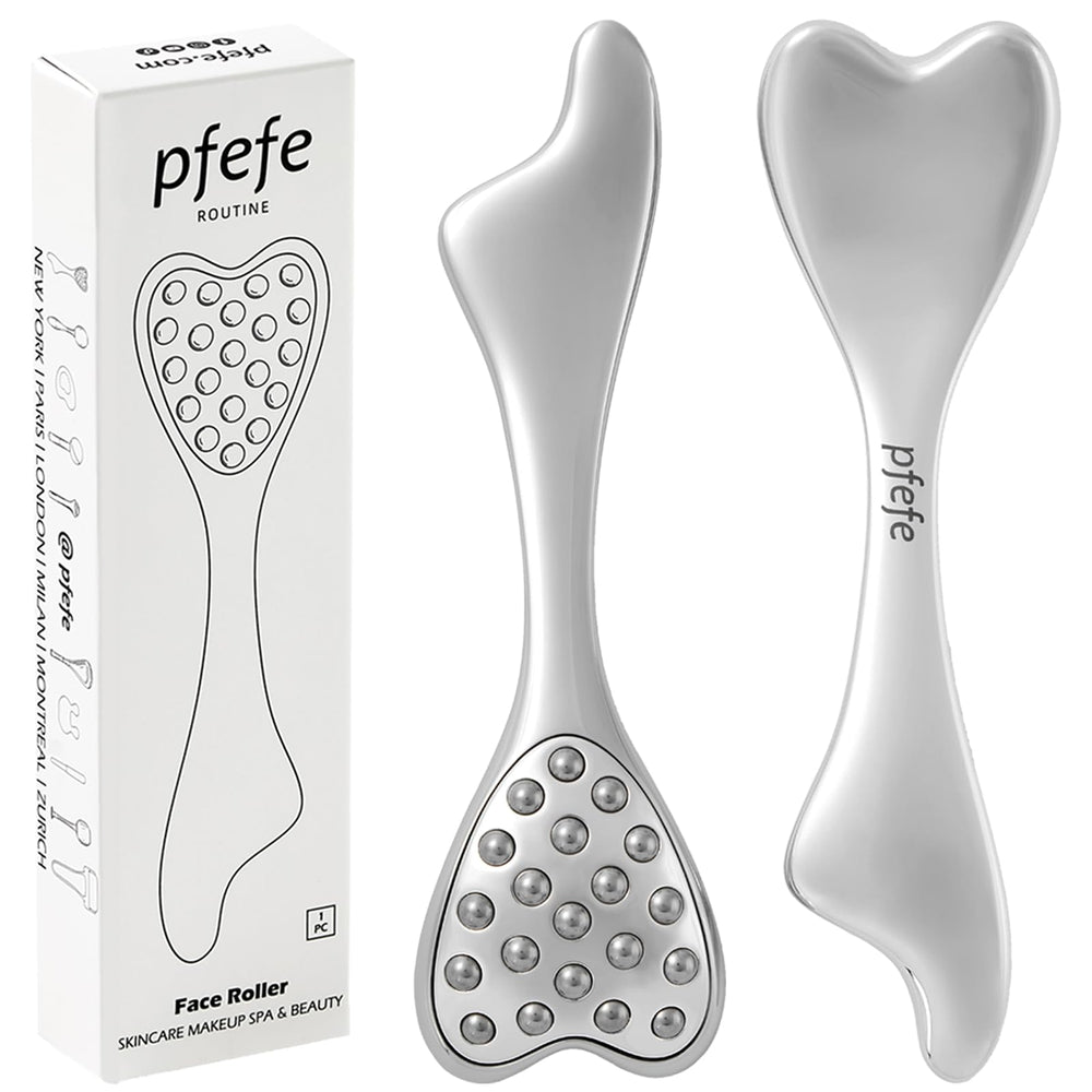 pfefe stainless steel gua sha dolphin roller closeup shows premium material for gentle facial massage.