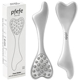 pfefe stainless steel gua sha dolphin roller closeup shows premium material for gentle facial massage.