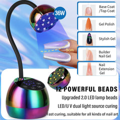 PHAIN U V LED nail lamp gooseneck angle enables precise light direction.