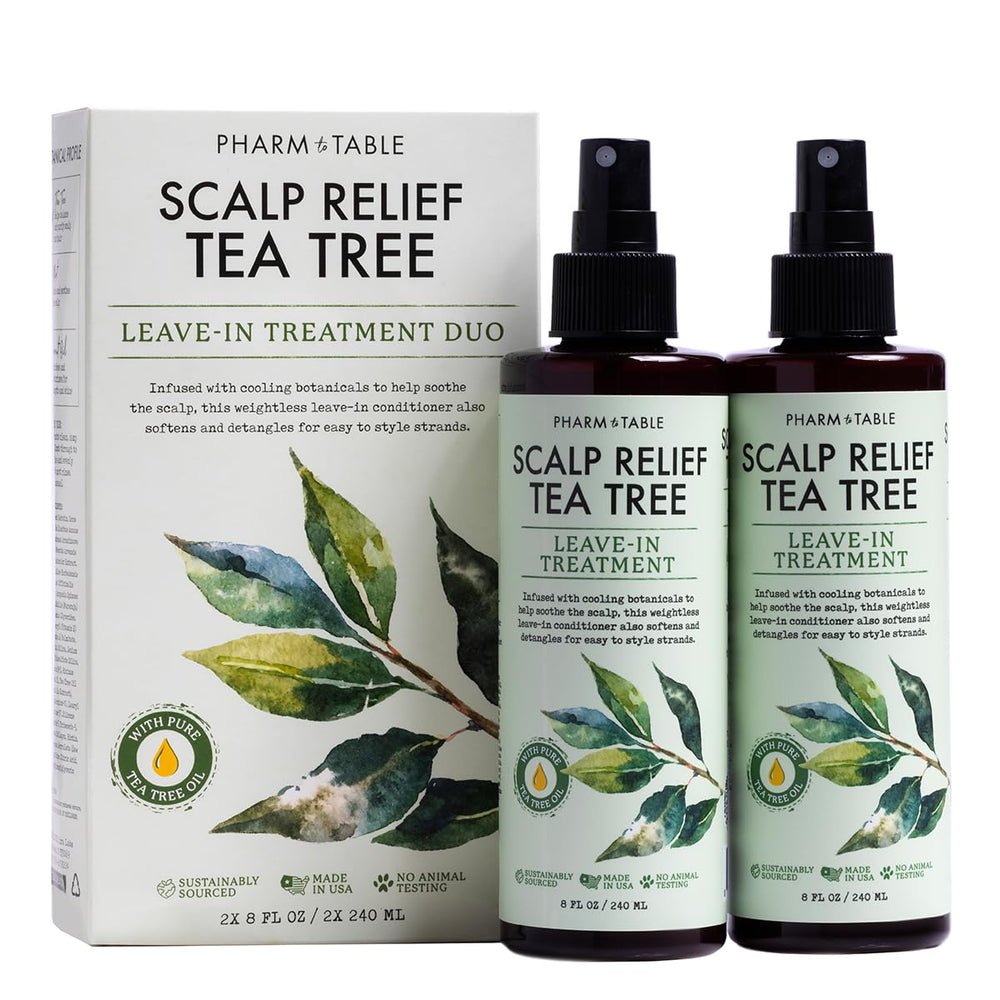 PHARM TO TABLE leave-in conditioner tea-tree bottle pour promotes easy scalp application