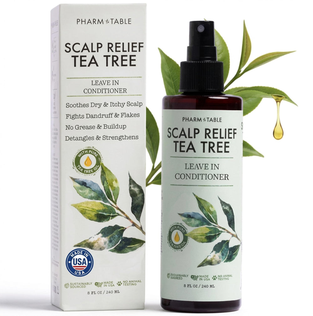 PHARM TO TABLE leave-in conditioner tea-tree bottle showing deep hydration for dry scalp