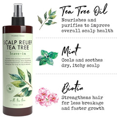 PHARM TO TABLE leave-in conditioner tea-tree label closeup highlights tea-tree ingredient benefits