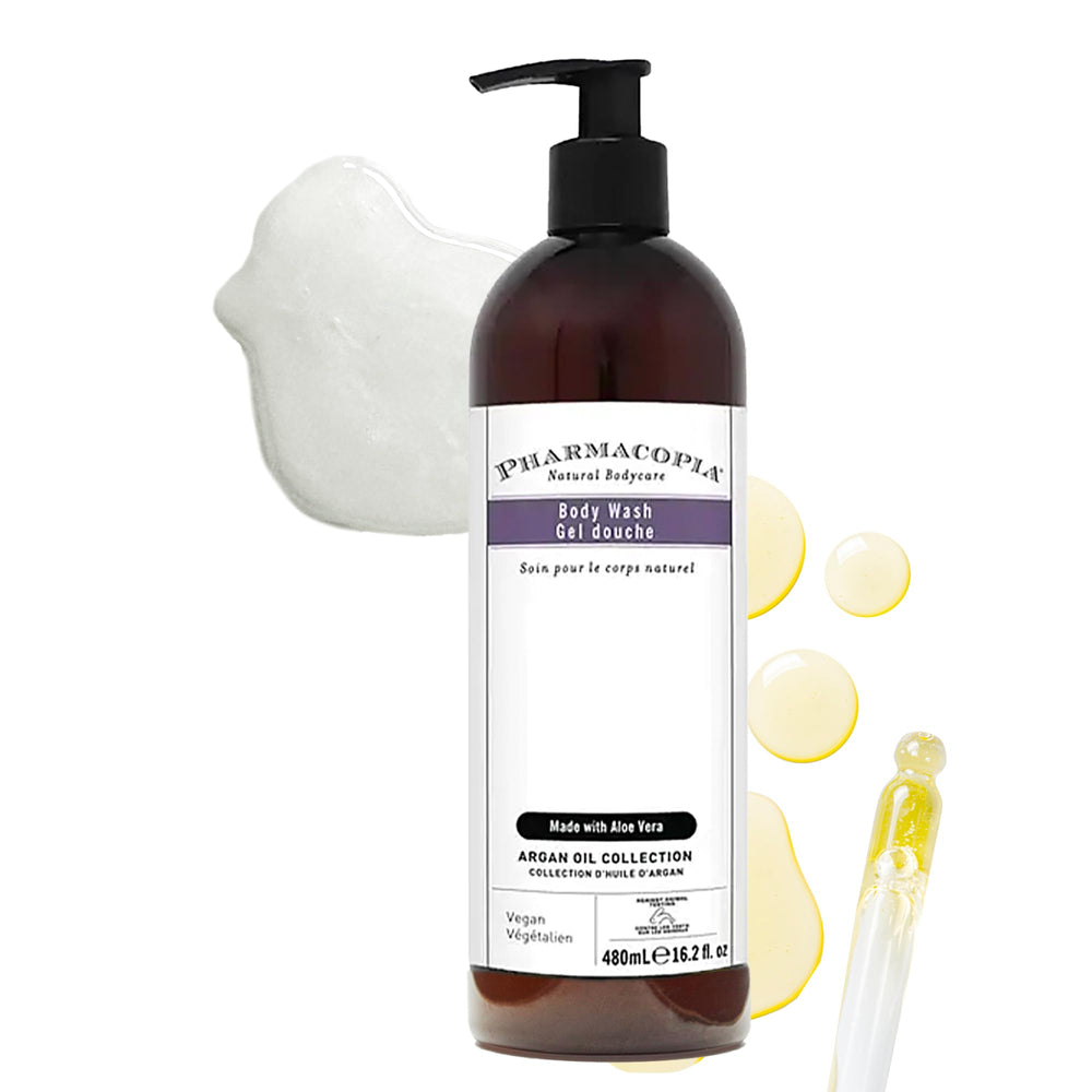 Pharmacopia Hotel Argan Oil Body Wash bottle highlighting vegan, hydrating formula.