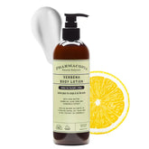 Pharmacopia Verbena Lotion bottle showcases hydrating formula for dry skin and daily comfort.