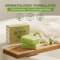 PHARMBANNER Tea Tree Antifungal Soap Bar on shower shelf ready for routine