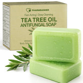 PHARMBANNER Tea Tree Antifungal Soap Bar pack shot shows two bars for lasting freshness