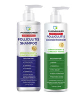 PHARMBANNER tea tree shampoo bottle pour demonstrates clarifying cleanse for a balanced scalp.