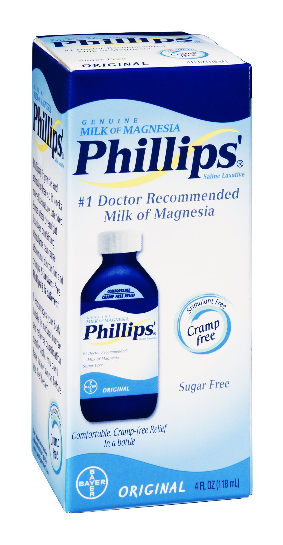 Philips' Milk of Magnesia bottle pour—sugar-free saline laxative for occasional constipation support.