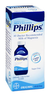 Philips' Milk of Magnesia bottle pour—sugar-free saline laxative for occasional constipation support.