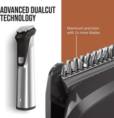 Philips Multigroom 7000 attachments setup highlights tools for precise detailing and trimming.