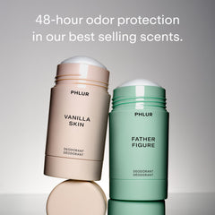 PHLUR Vanilla Skin deodorant stick back, clean formula and duo packaging.