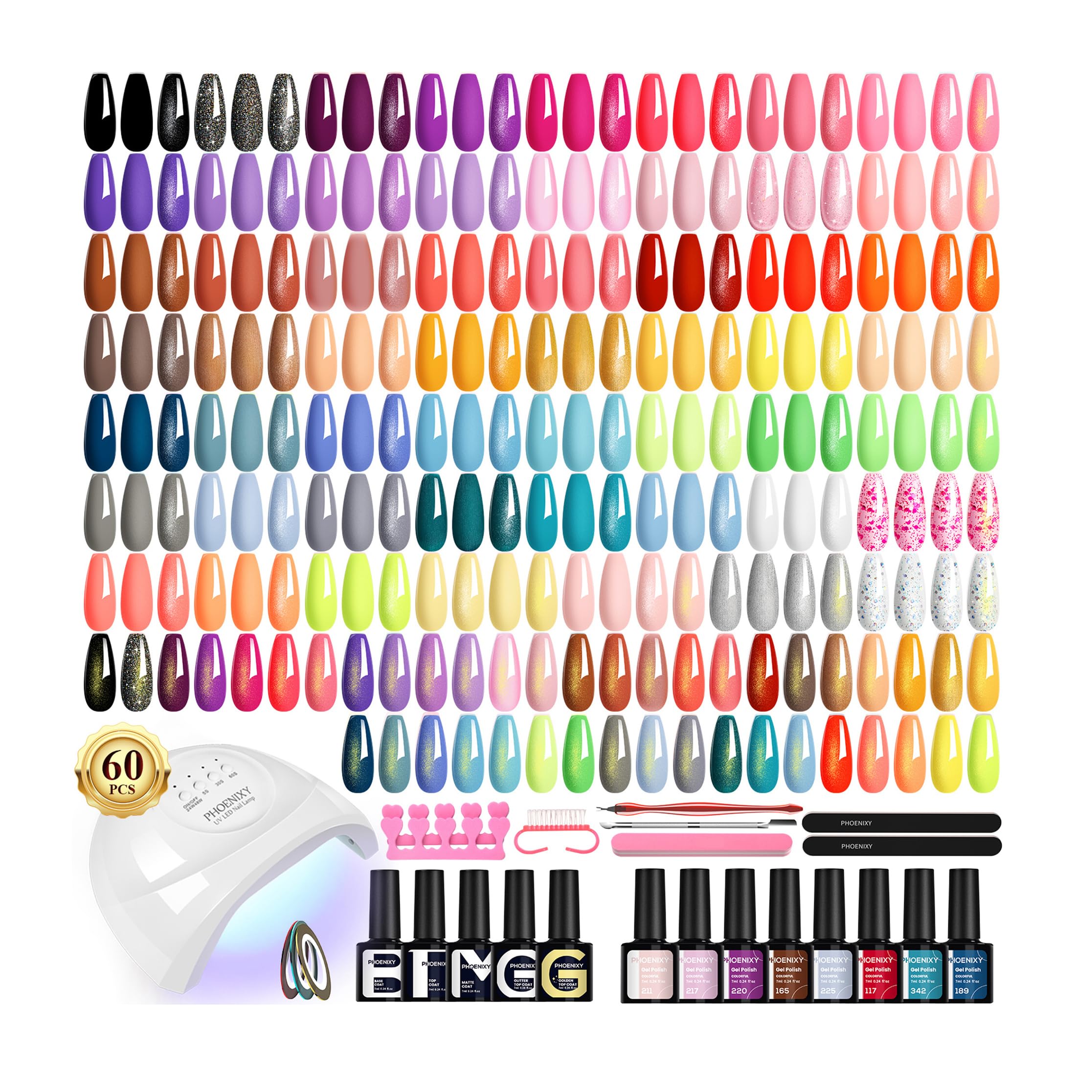 Phoenixy 60-pcs gel nail kit with UV light for at-home manicures.