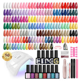 Phoenixy 63-pcs gel nail kit with UV light and drill showing color variety for at-home manicures.