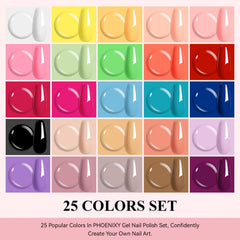 Phoenixy base coat and top coats showcase glossy, matte, and glitter finishes.