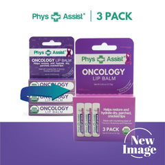 PhysAssist Oncology Lip Balm three-pack spread shot highlighting coconut and calendula nourishment.