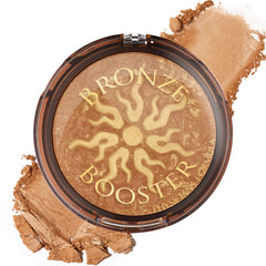 Physicians Formula Bronze Booster jar closeup shows luminous bronze glow and vitamin infusion