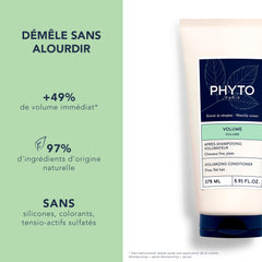 PHYTO VOLUME conditioner application close-up highlighting detangling and gentle hydration