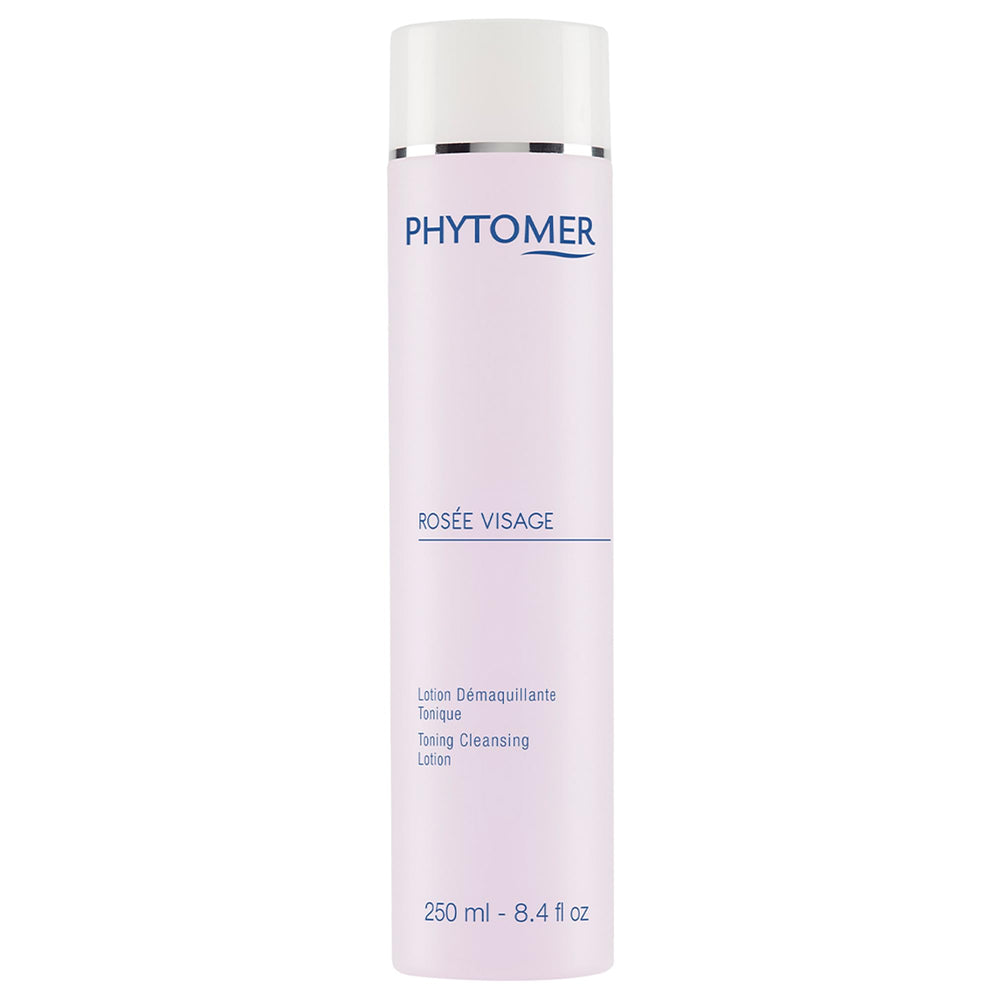 Phytomer Rosee Visage bottle front highlights alcohol-free makeup removal and toning benefits.