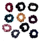 Pidoudou velvet scrunchies assorted colors close-up; soft fabric for gentle hair care.