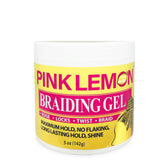 PINK LEMON Braiding Gel 5oz bottle on shelf shows strong hold without flaking.