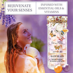 Pink Sky aromatherapy lavender chamomile bath beads create a calming ritual.