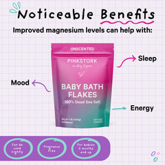 Pink Stork Baby Bath Flakes box featuring Dead Sea magnesium illustration