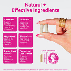 Pink Stork capsules pouring action shot suggesting easy daily use for stomach comfort.
