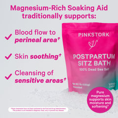 Pink Stork Dead Sea magnesium flakes closeup illustrates premium magnesium for soothing postpartum comfort.