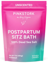 Pink Stork Postpartum Sitz Bath Soak bottle supports gentle perineal care after delivery.