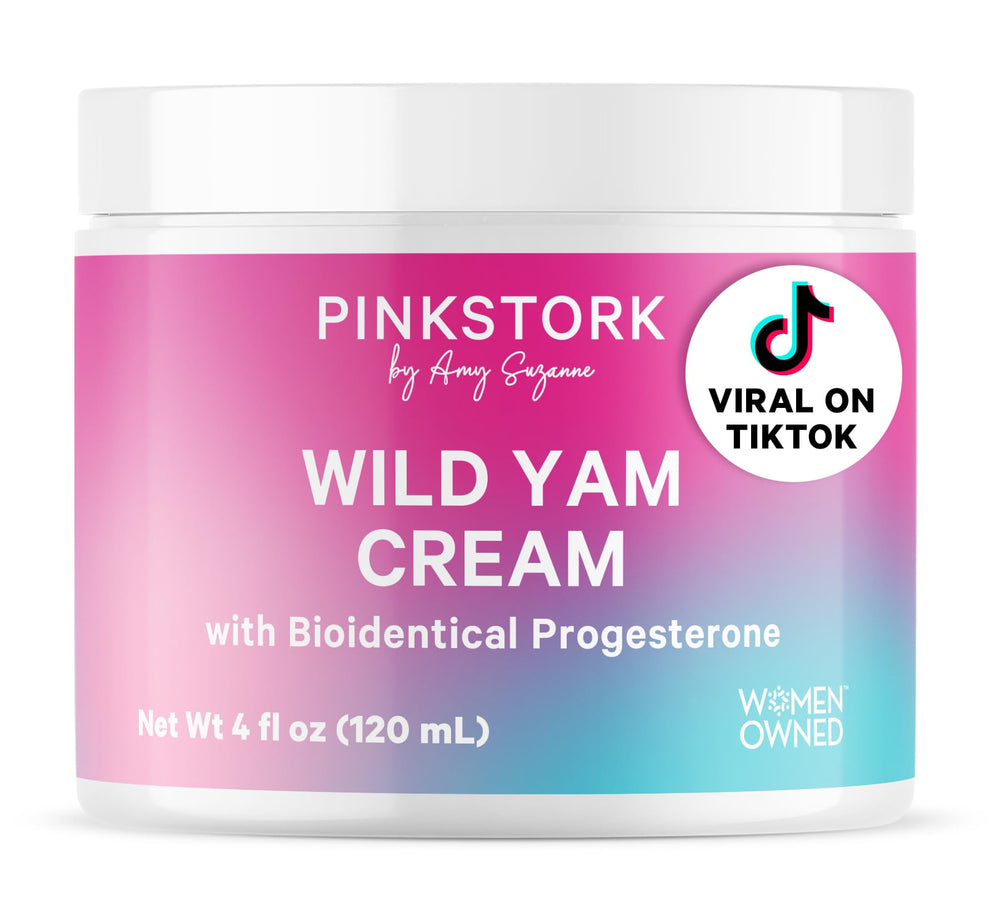 Pink Stork Wild Yam Cream bottle closeup for clean, plant-based hormone support.
