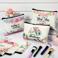 Pinkunn flower canvas makeup bag compact and lightweight for handbags or totes.