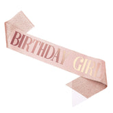 Piriuuo rose gold birthday sash front view showcases shiny glitter for festive photos