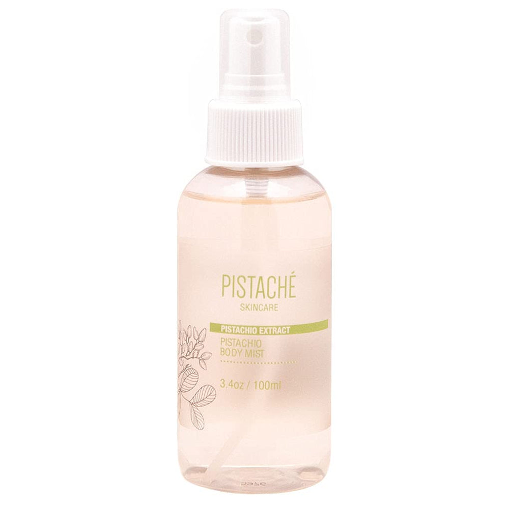 Pistache Skincare pistachio oil body mist bottle shows travel-friendly 3.4 oz size for daily refreshment