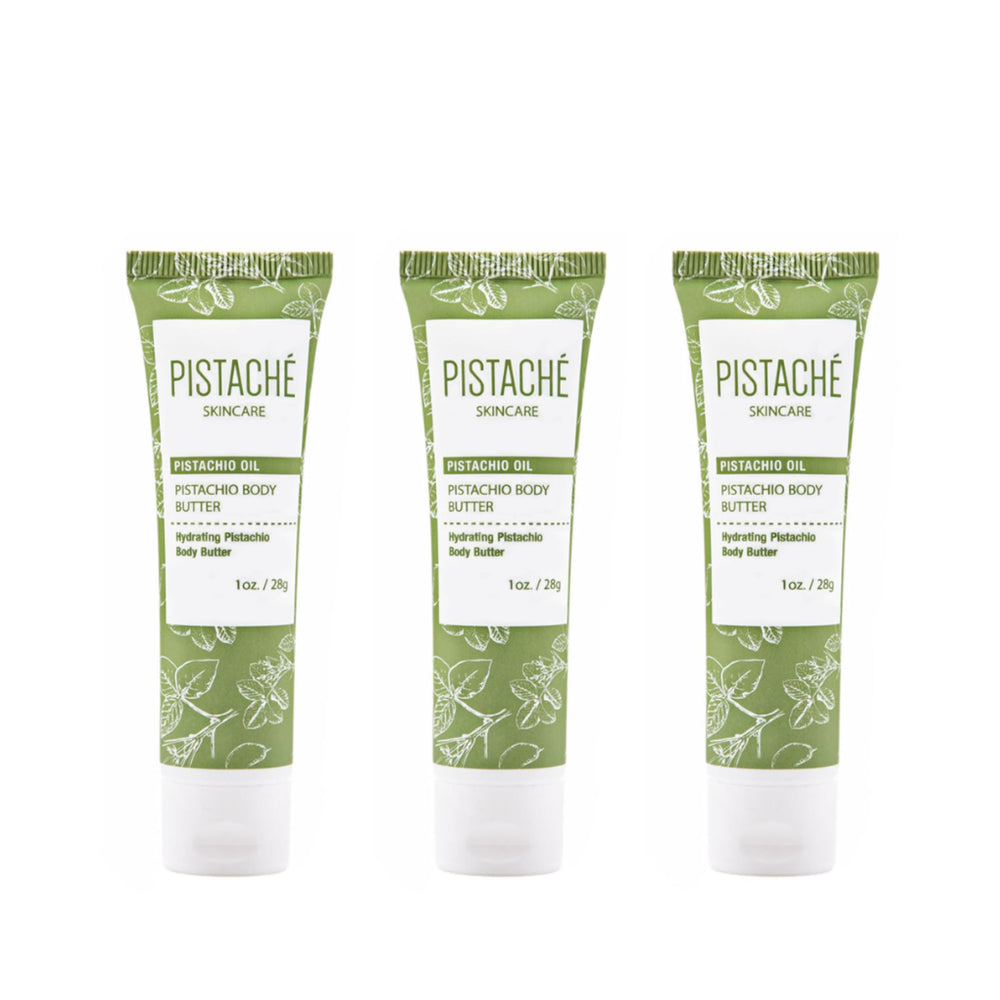 Pistaché Skincare Pistachio Oil Whipped Body Butter Trio pack delivers deep hydration for dry skin.