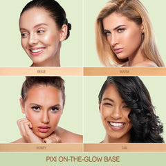 Pixi On-the-Glow Base texture close-up reveals a blur-friendly, buildable finish.