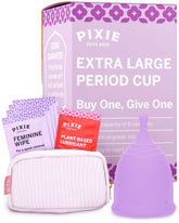 Pixie Cup extra-large packaging shows eco-friendly reusable menstrual cup.