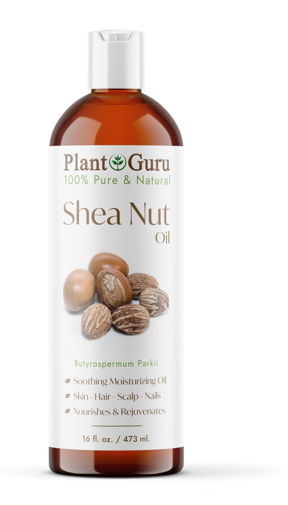 Plant Guru African Shea Nut Oil bottle glows amber for pure skin nourishment.