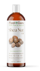 Plant Guru African Shea Nut Oil bottle glows amber for pure skin nourishment.