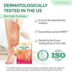 PLANTIFIQUE Foot Peel Mask Peach wearing the mask on feet for at-home care.