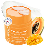 PLANTIFIQUE cleansing balm with mango-papaya ingredients dissolves makeup gently, nourishing skin.