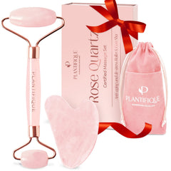 PLANTIFIQUE rose quartz face roller close-up for soothing facial massage and refreshed skin