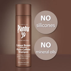 Plantur 39 Color Brown Shampoo closeup ingredients highlight caffeine niacin zinc for scalp nourishment.