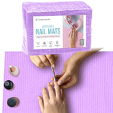 PlastCare USA disposable nail mats in purple packaging for a mess-free setup
