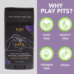 Play Pits Love Scent deodorant back panel highlighting ingredients