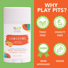 Play Pits Sonshine orange peppermint scent highlighting odor control and refreshing energy.